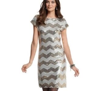 NWT WHBM Gold & Silver Sequin Chevron Cocktail Dress